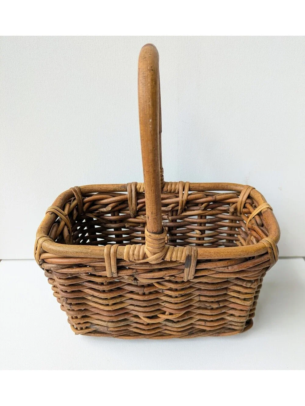True Vintage Handcrafted Wicker Basket, Bentwood Handle, Divided Interior